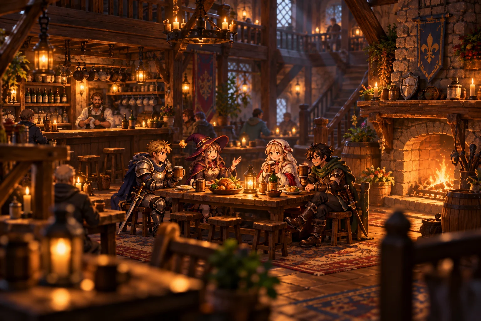 Early concept art: a warm lantern-lit tavern full of adventurers
